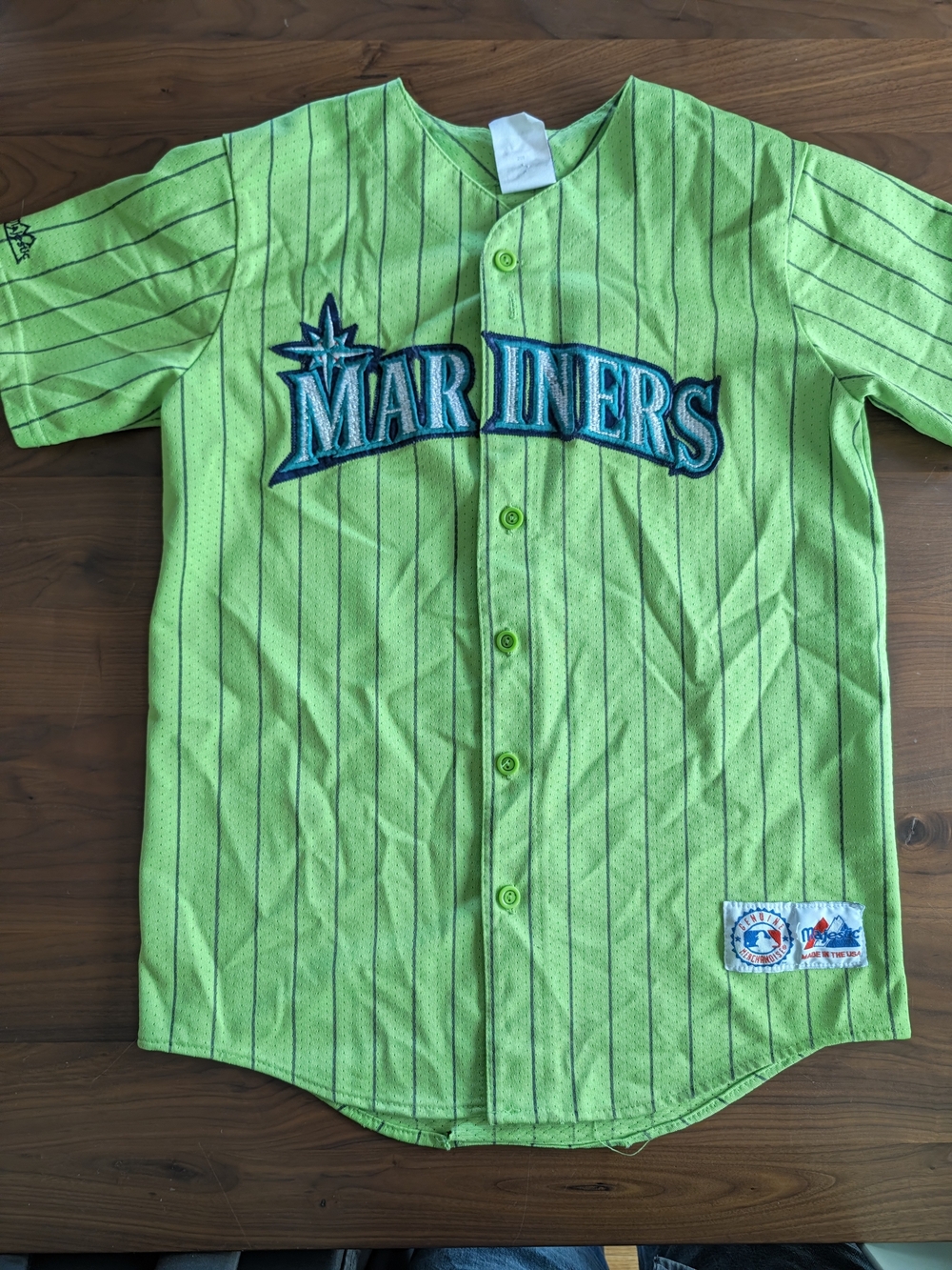 Vintage 90s Majestic Seattle Mariners Lime Green Pinstripe Jersey Youth XL USA